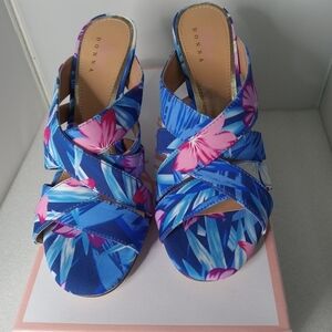 Linea‎ Donna Size 7.5 New Multi Strap Blue Floral Mule Shoes Sandals